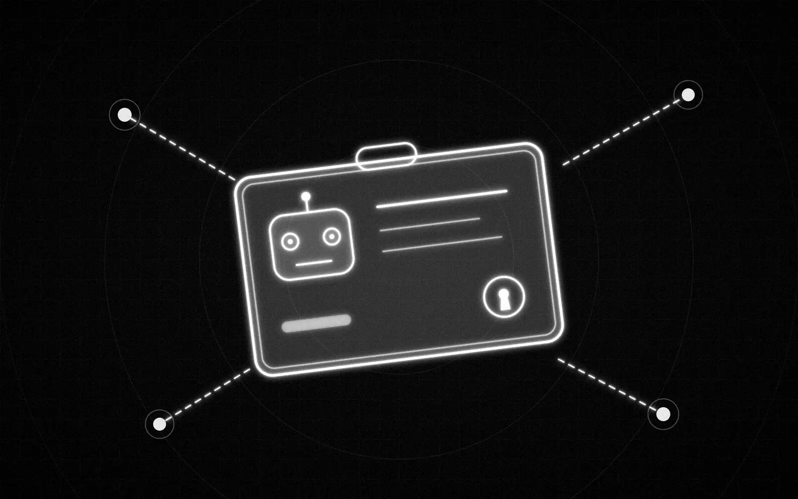 Sosok manusia dan robot monokrom yang terhubung oleh lubang kunci pada satu garis