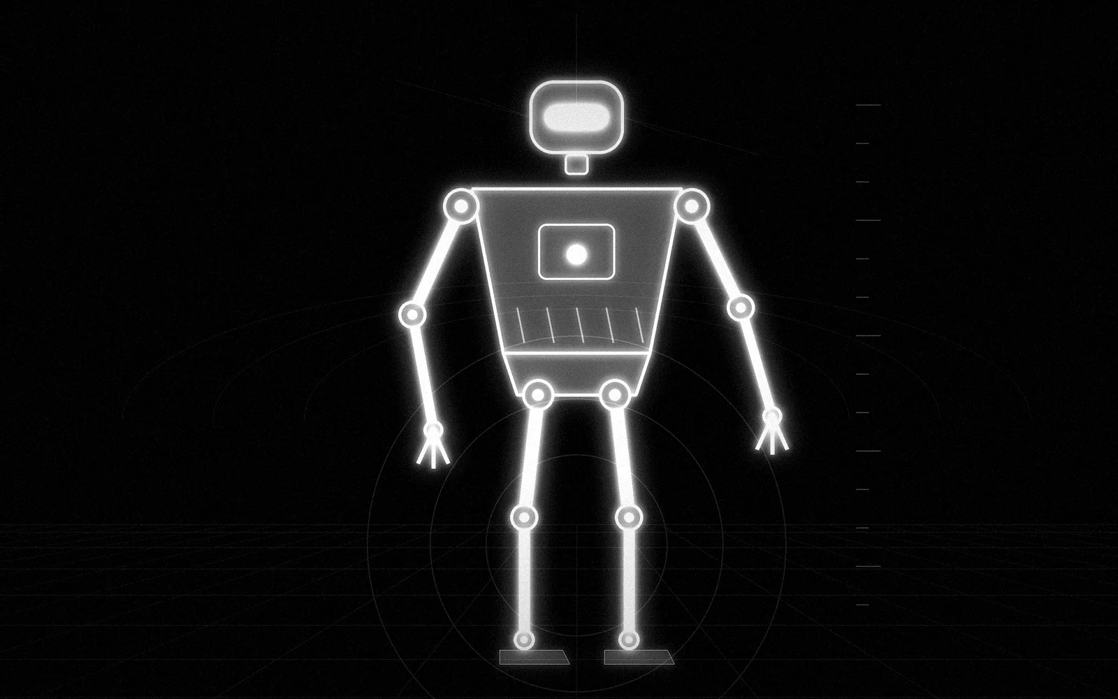 Gambar garis monokrom robot humanoid berdiri di atas grid lantai perspektif