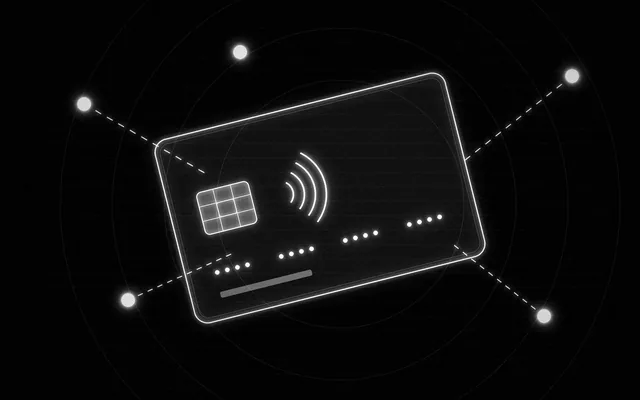 Kartu pembayaran monokrom dengan gelombang contactless yang terhubung ke terminal lewat garis putus-putus